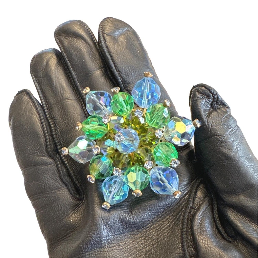 VTG 1950s AB Crystal Brooch 2" Aurora Borealis Beaded Cluster‎ Flower Pin MCM